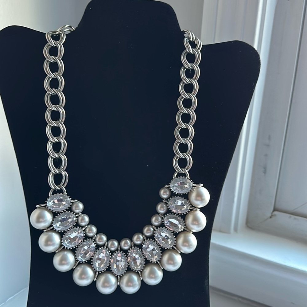 Silver rhinestone necklace with gray pearls,         approx. 8 1/2” long on neck